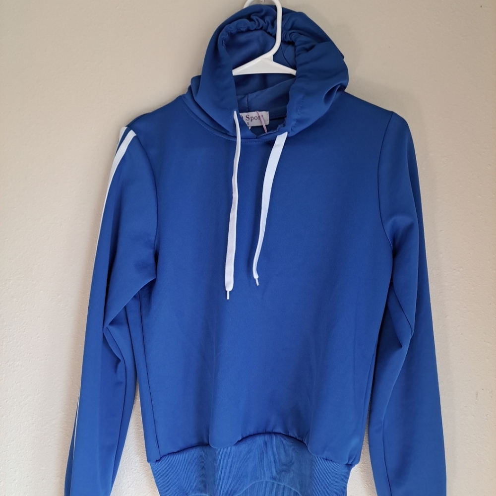 AQ Sport Women's Pullover Hoodie Sweatshirt Blue White Arm Stripes Gym Sporty S - Picture 12 of 12